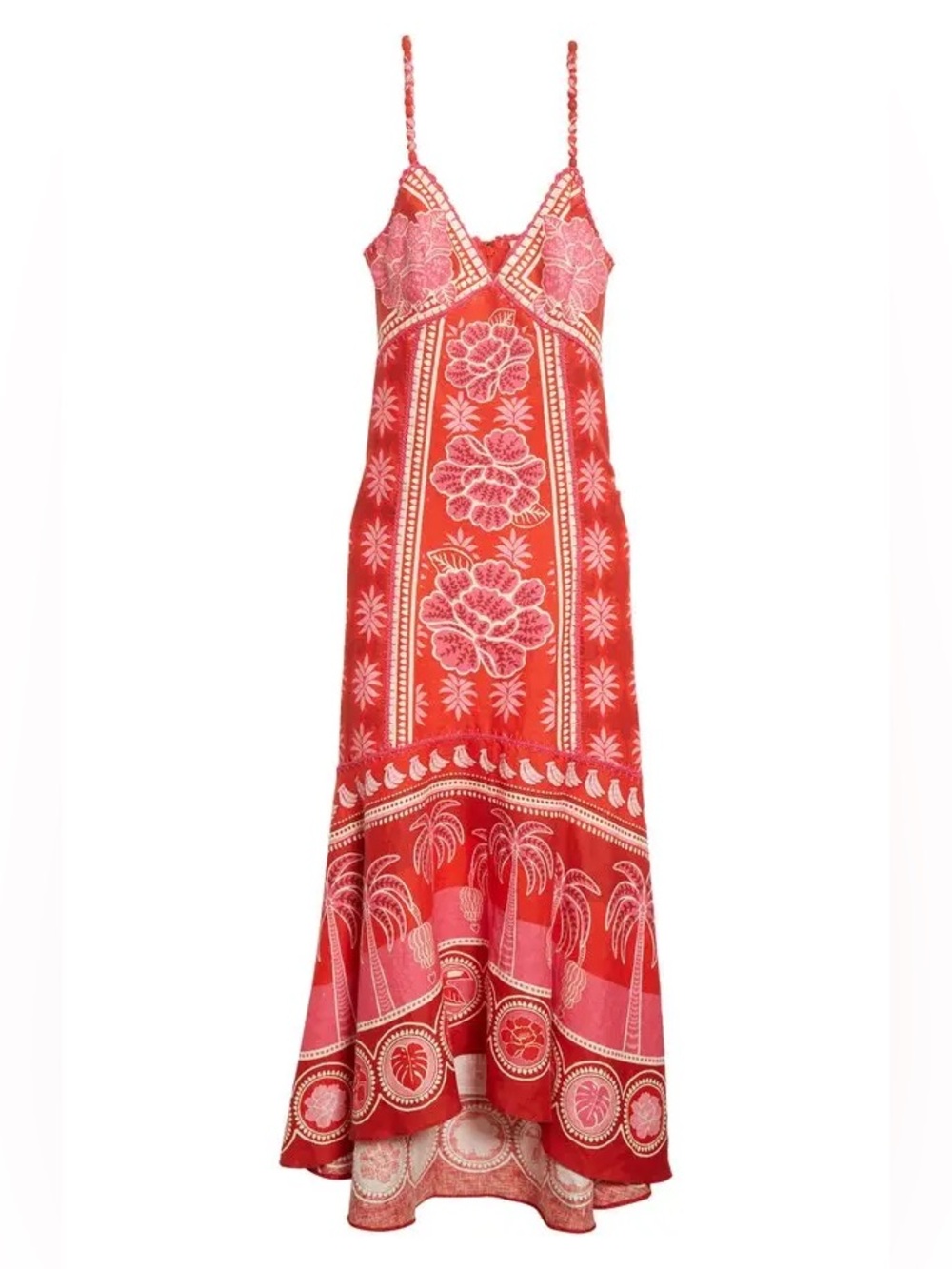🌺 Farm Rio Summer Sunrise Embroidered Linen Maxi Dress Size Large Red Pink - Picture 3 of 16